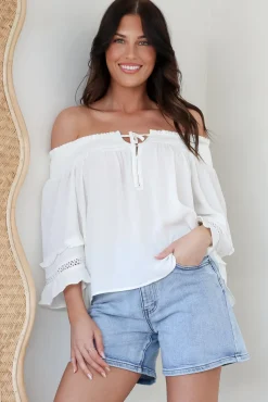 Sarah Top - Off Shoulder Ruffled Sleeve Top in White>Salty Crush Clearance