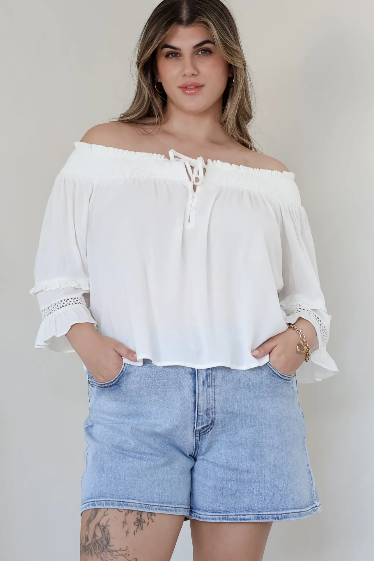 Sarah Top - Off Shoulder Ruffled Sleeve Top in White>Salty Crush Clearance