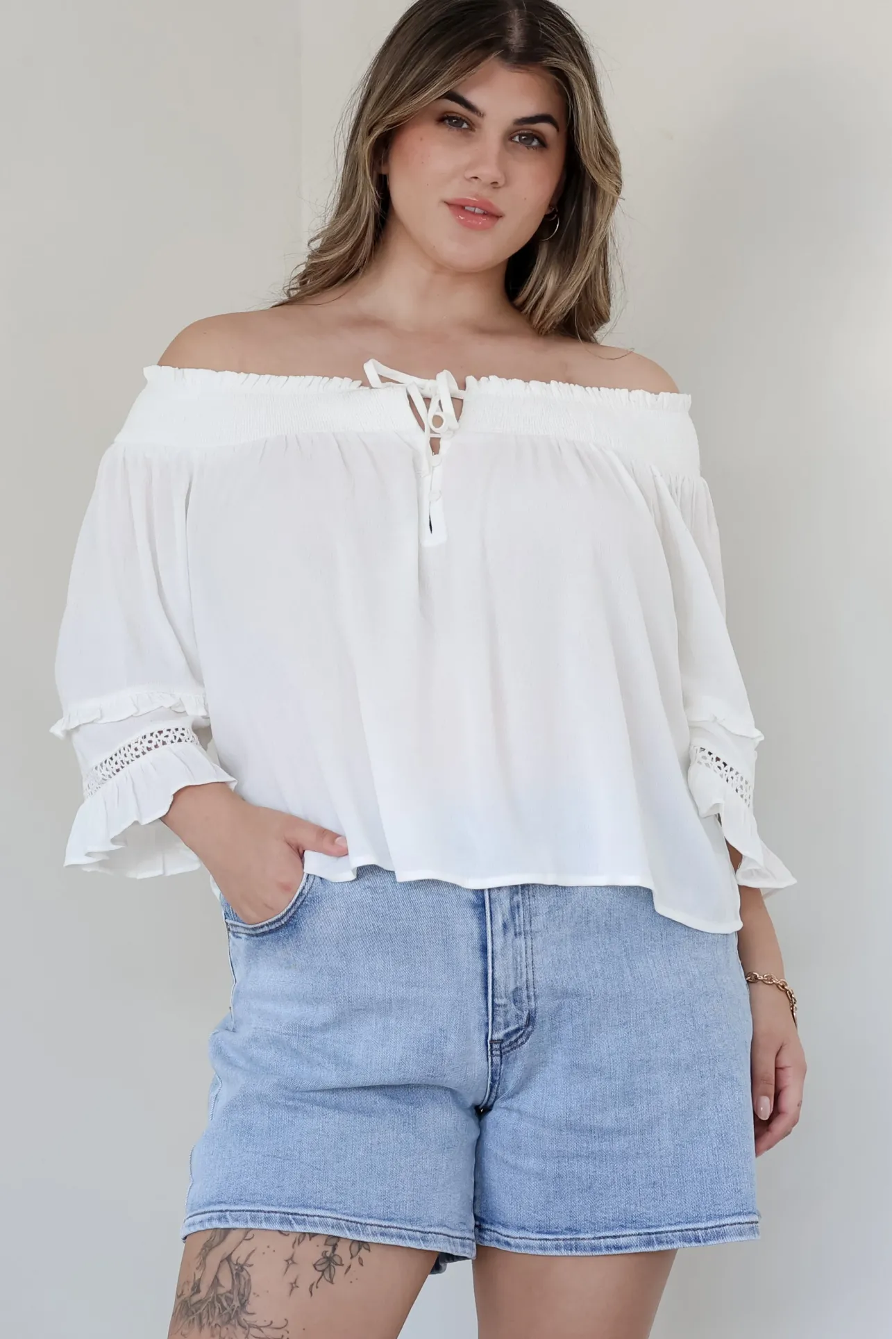 Sarah Top - Off Shoulder Ruffled Sleeve Top in White>Salty Crush Clearance