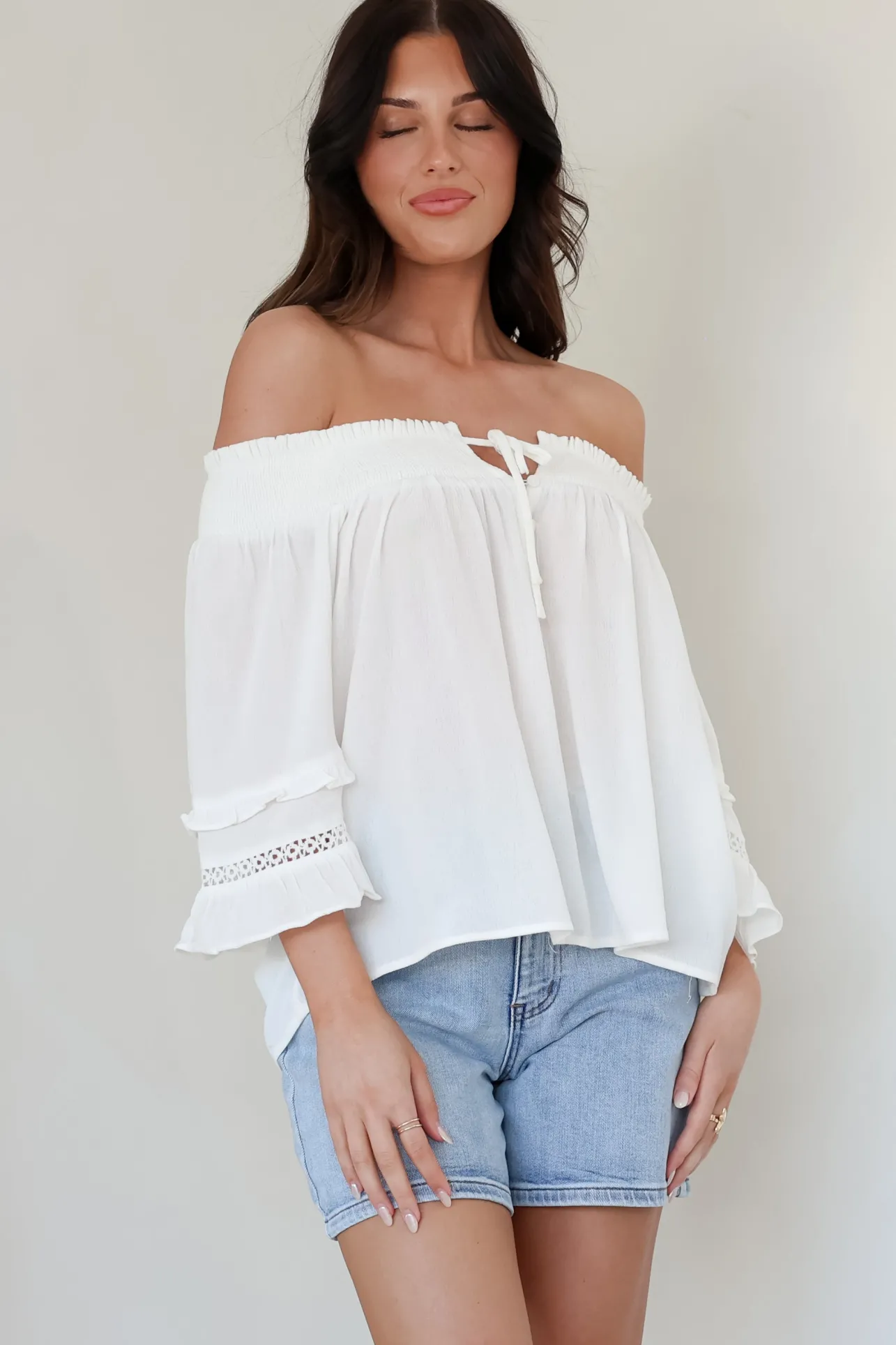 Sarah Top - Off Shoulder Ruffled Sleeve Top in White>Salty Crush Clearance