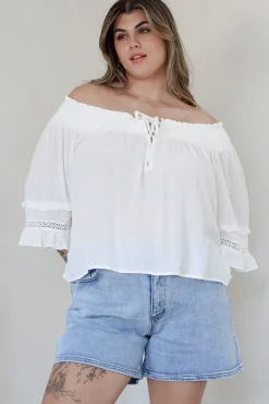 Sarah Top - Off Shoulder Ruffled Sleeve Top in White><noscript><img width=