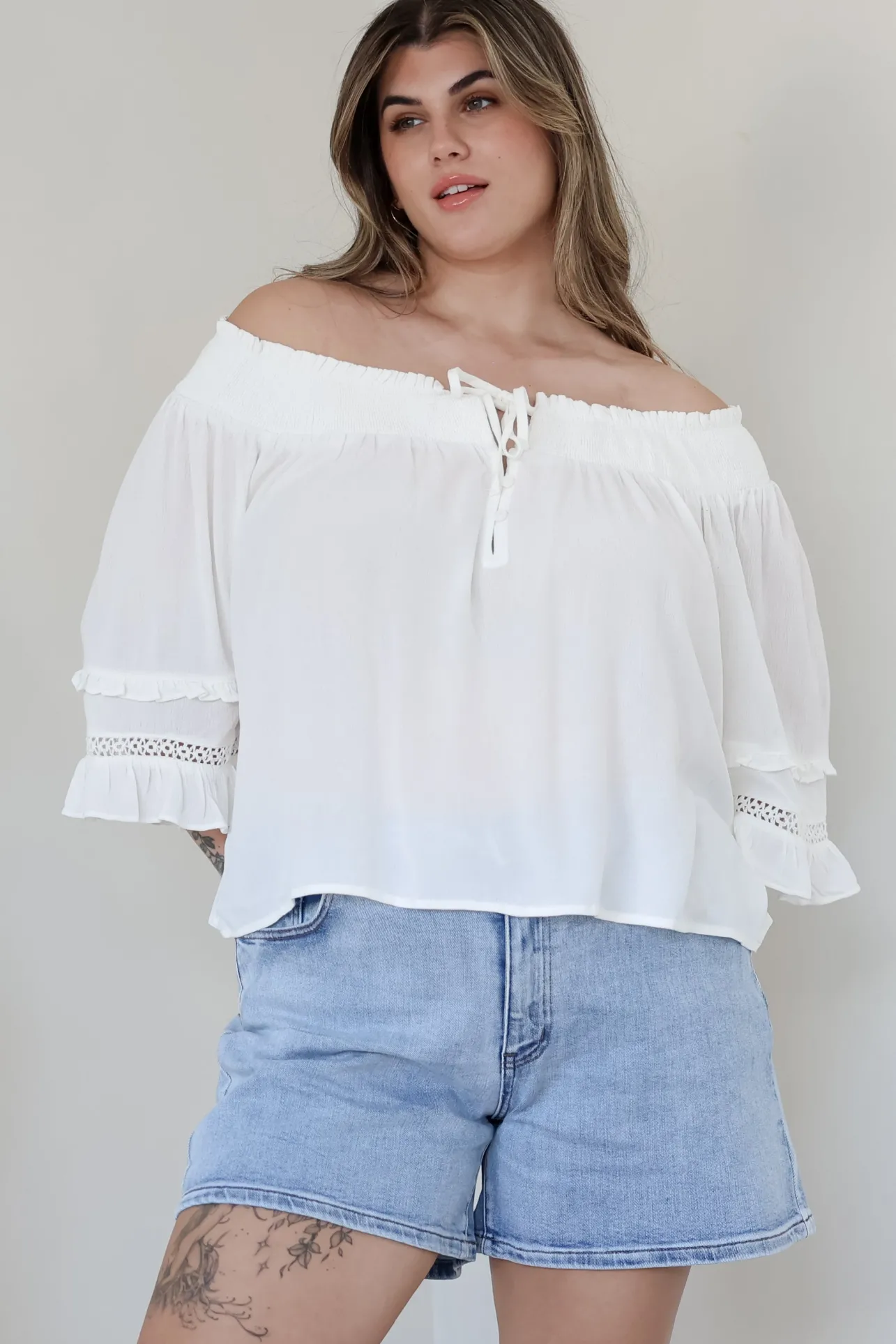 Sarah Top - Off Shoulder Ruffled Sleeve Top in White>Salty Crush Clearance