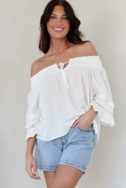 Sarah Top - Off Shoulder Ruffled Sleeve Top in White><noscript><img width=