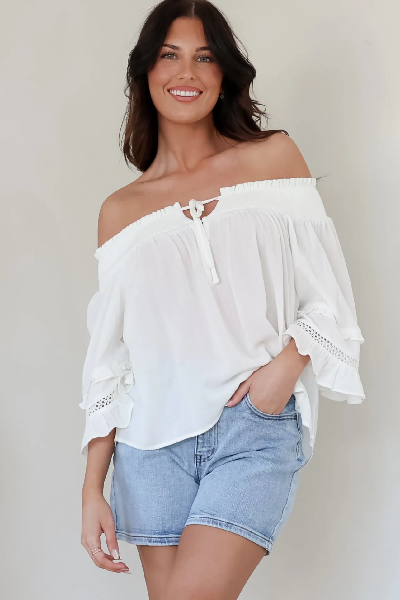 Sarah Top - Off Shoulder Ruffled Sleeve Top in White>Salty Crush Clearance