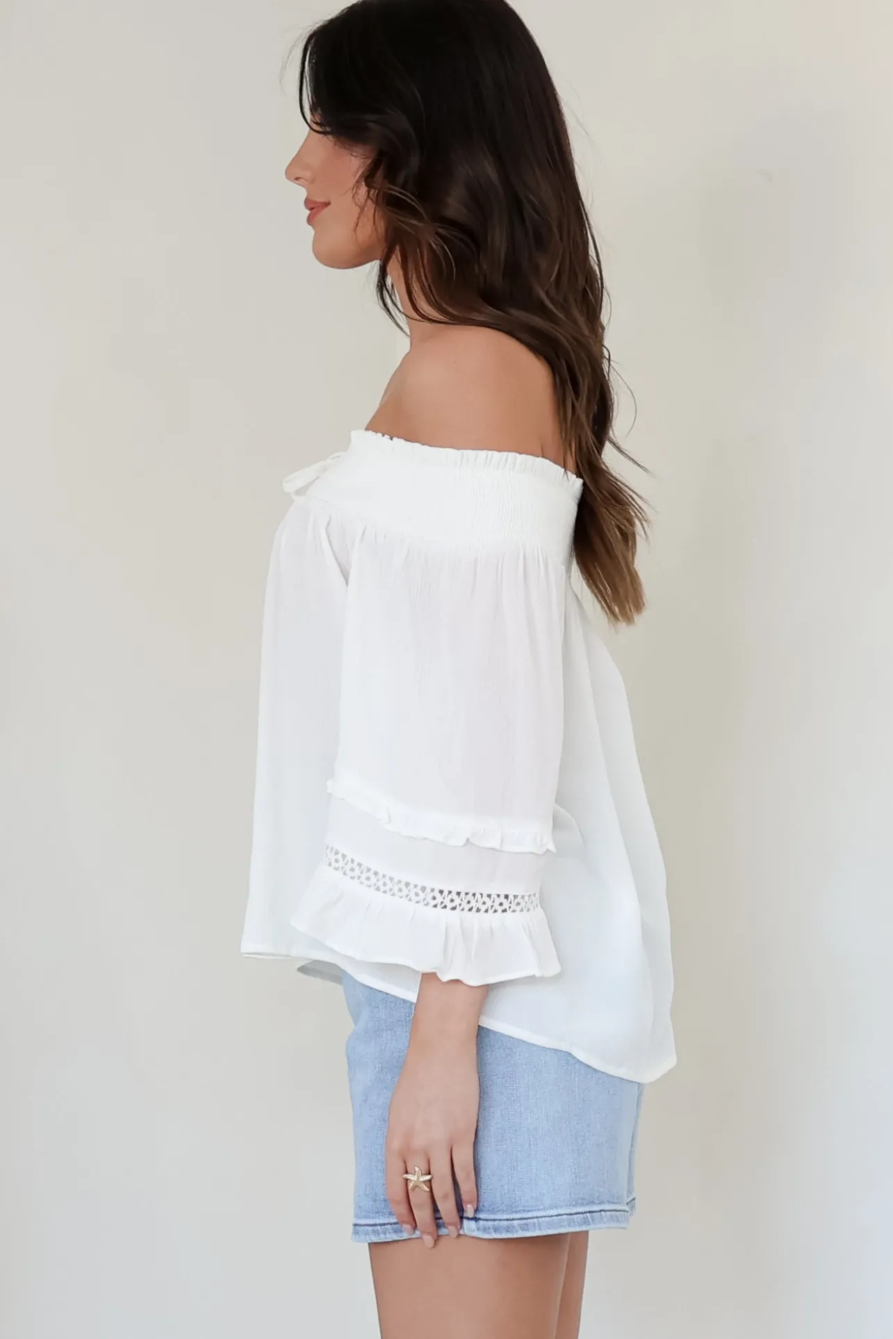 Sarah Top - Off Shoulder Ruffled Sleeve Top in White>Salty Crush Clearance