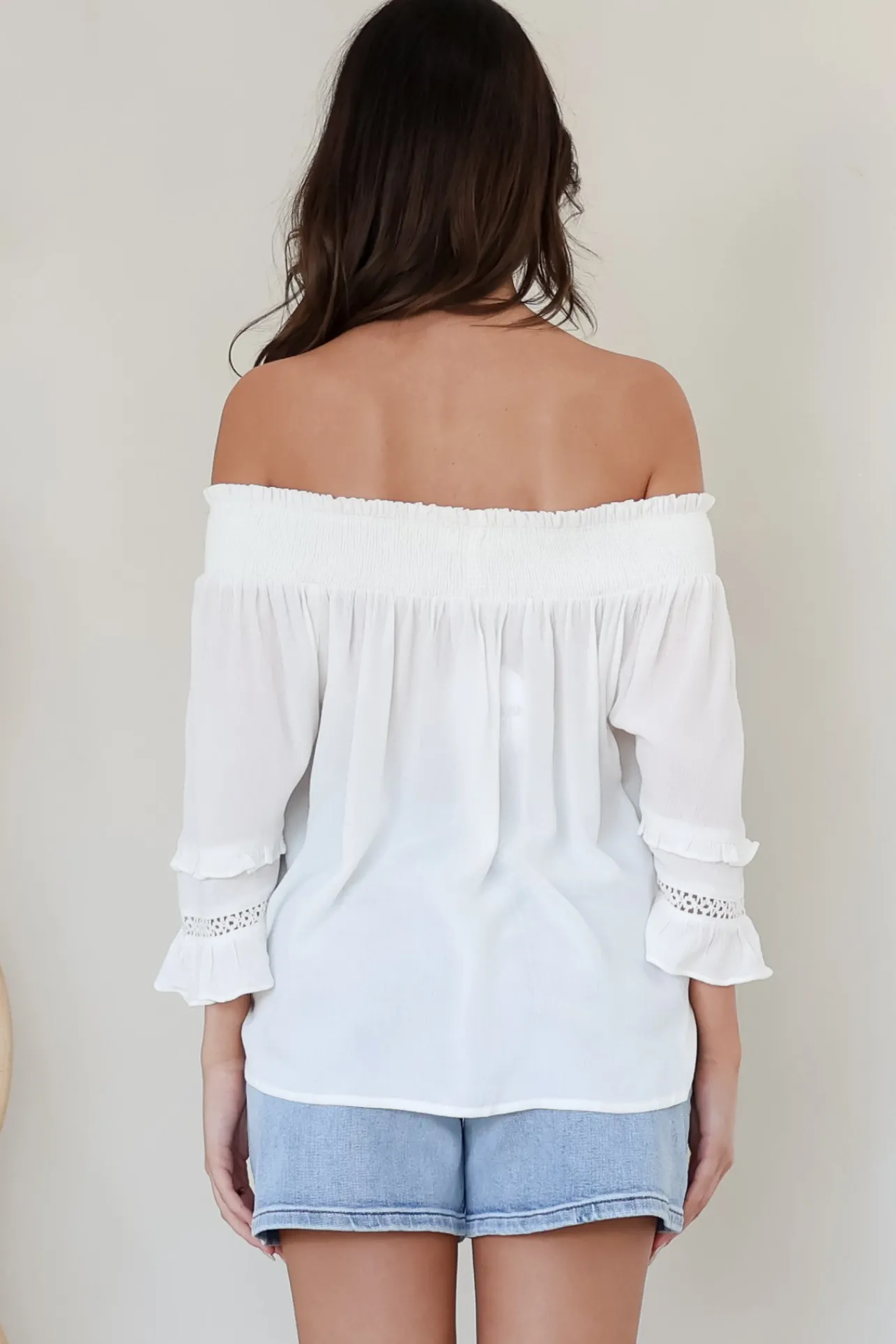Sarah Top - Off Shoulder Ruffled Sleeve Top in White>Salty Crush Clearance
