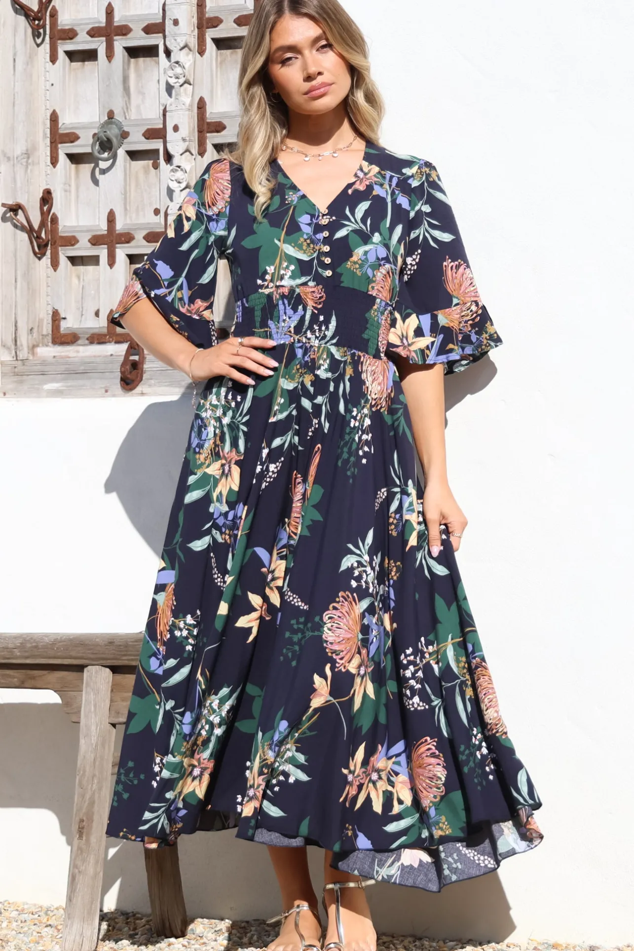 Sasha Maxi Dress - Buttoned Bodice A Line Dress With Flute Sleeves In Raven Print Navy>Salty Crush Discount