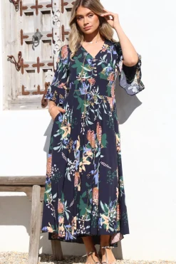 Sasha Maxi Dress - Buttoned Bodice A Line Dress With Flute Sleeves In Raven Print Navy><noscript><img width=