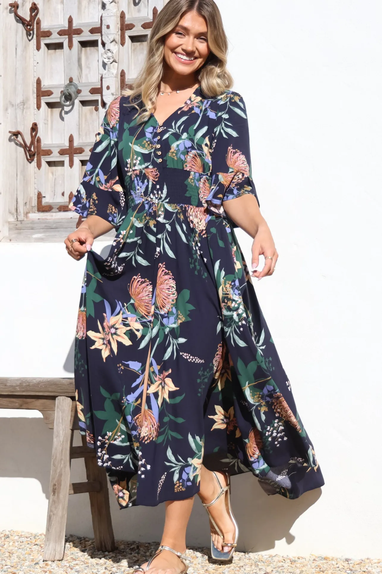 Sasha Maxi Dress - Buttoned Bodice A Line Dress With Flute Sleeves In Raven Print Navy>Salty Crush Discount