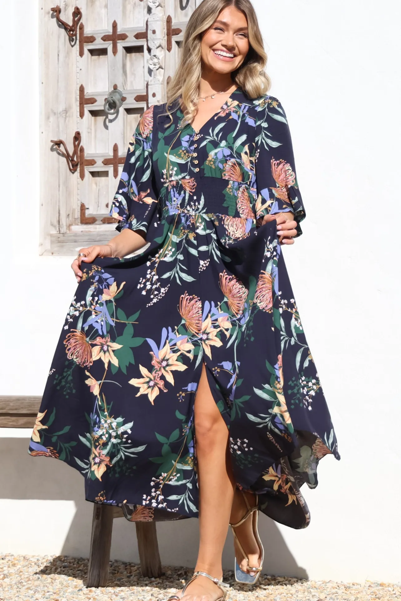 Sasha Maxi Dress - Buttoned Bodice A Line Dress With Flute Sleeves In Raven Print Navy>Salty Crush Discount