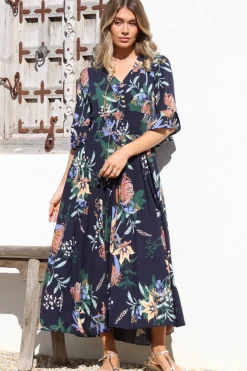 Sasha Maxi Dress - Buttoned Bodice A Line Dress With Flute Sleeves In Raven Print Navy><noscript><img width=