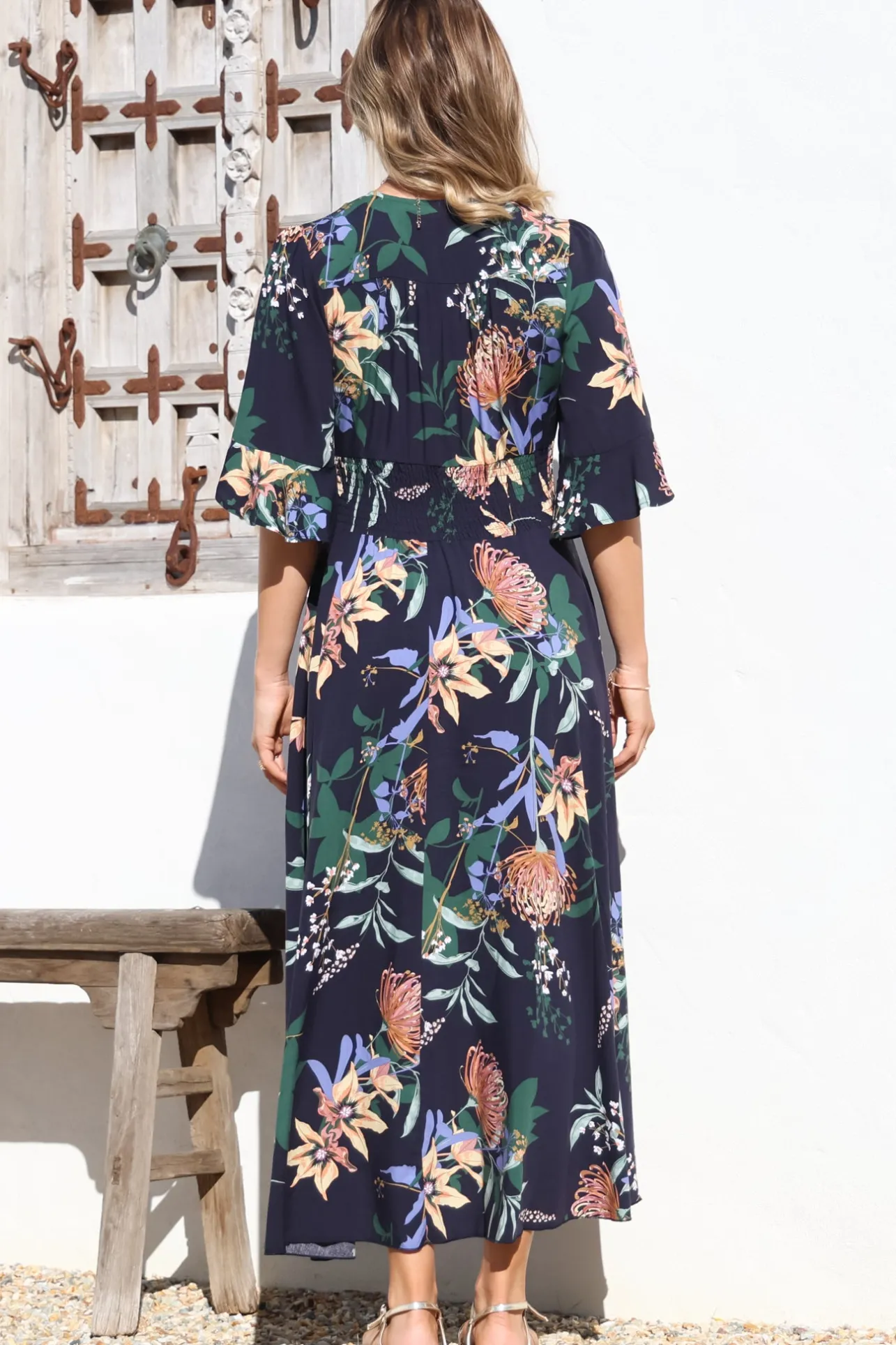 Sasha Maxi Dress - Buttoned Bodice A Line Dress With Flute Sleeves In Raven Print Navy>Salty Crush Discount