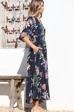 Sasha Maxi Dress - Buttoned Bodice A Line Dress With Flute Sleeves In Raven Print Navy><noscript><img width=