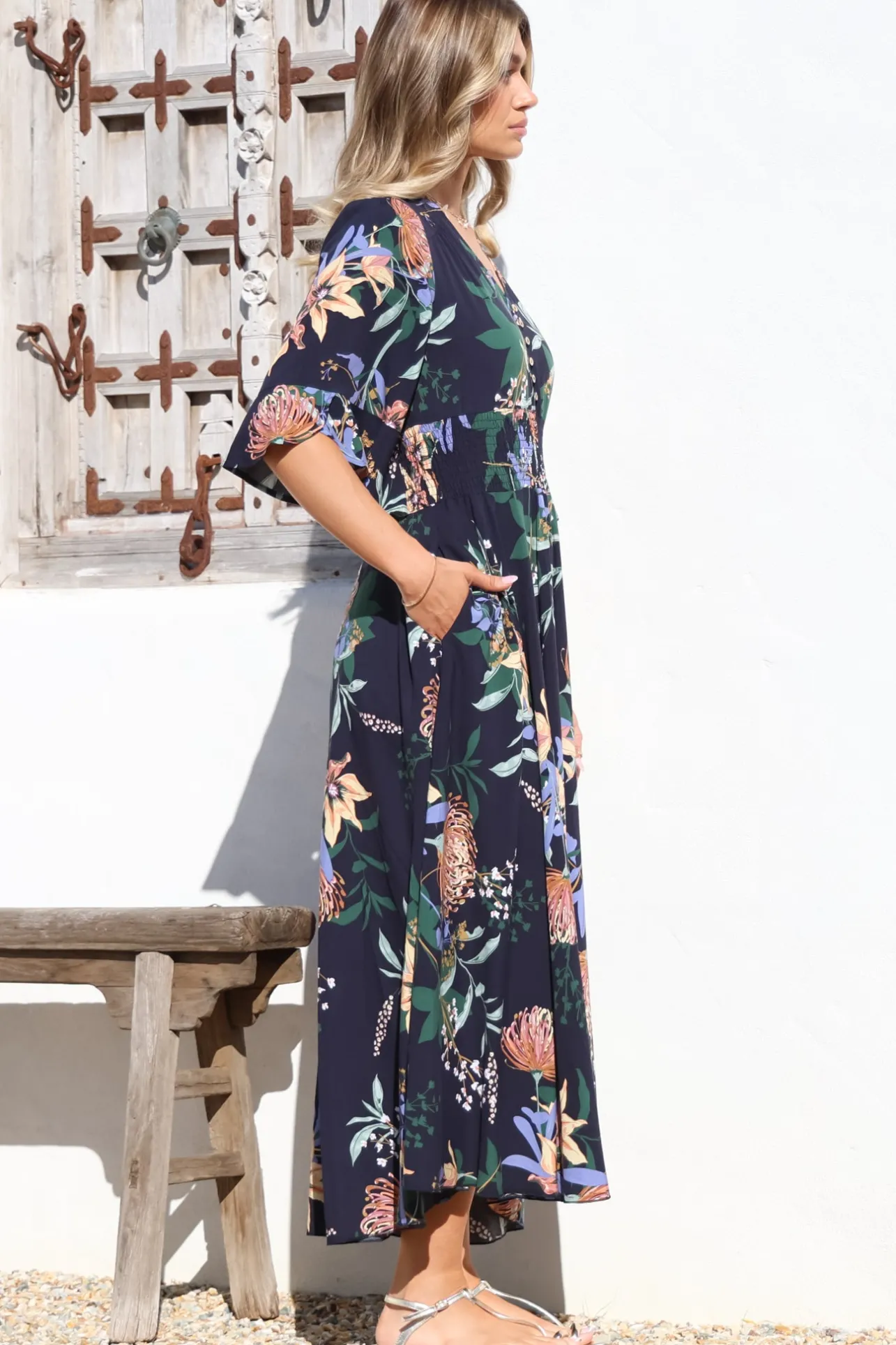 Sasha Maxi Dress - Buttoned Bodice A Line Dress With Flute Sleeves In Raven Print Navy>Salty Crush Discount