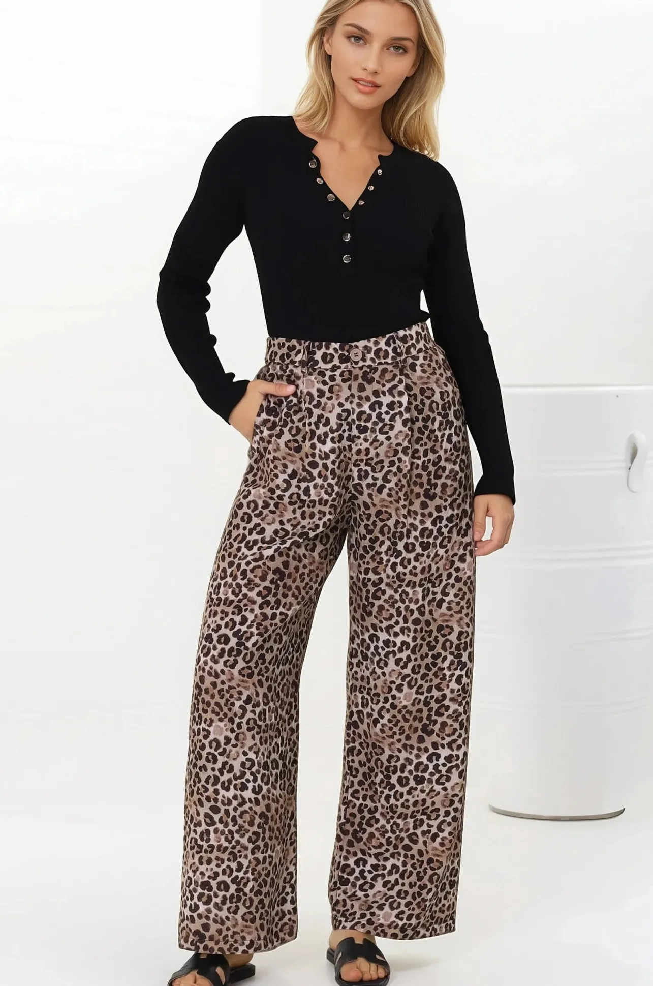 Sebastian Pants - High Waisted Straight Leg Pants in Leopard Print>Salty Crush Online