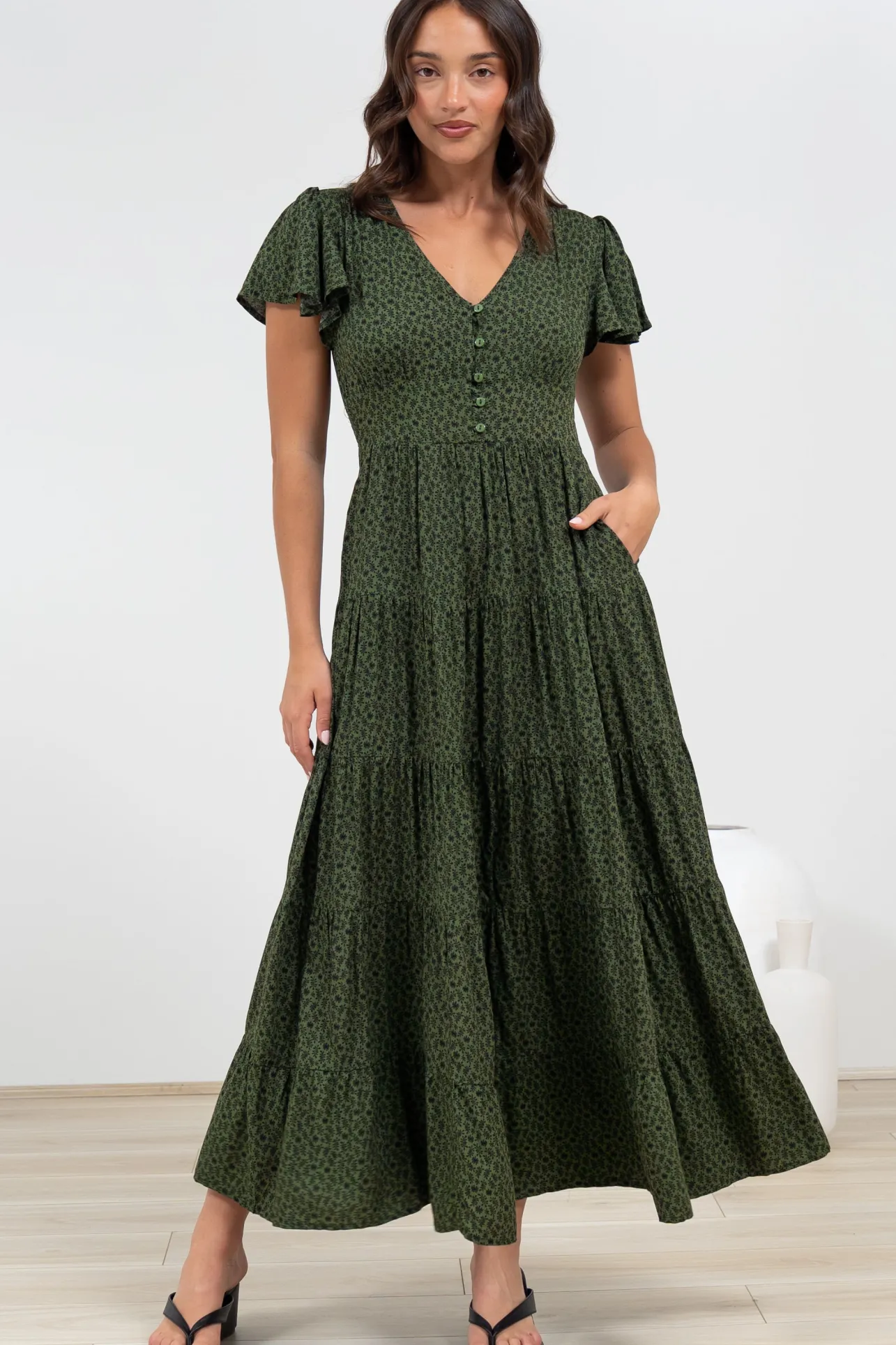 Selena Maxi Dress - Tiered A-Line Dress with Flutter Cap Sleeves in Borah Print Green>Salty Crush Clearance