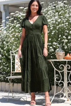 Selena Maxi Dress - Tiered A-Line Dress with Flutter Cap Sleeves in Borah Print Green><noscript><img width=