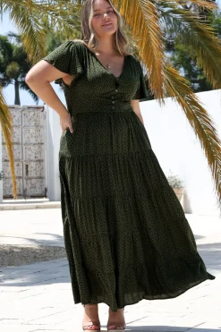 Selena Maxi Dress - Tiered A-Line Dress with Flutter Cap Sleeves in Borah Print Green><noscript><img width=