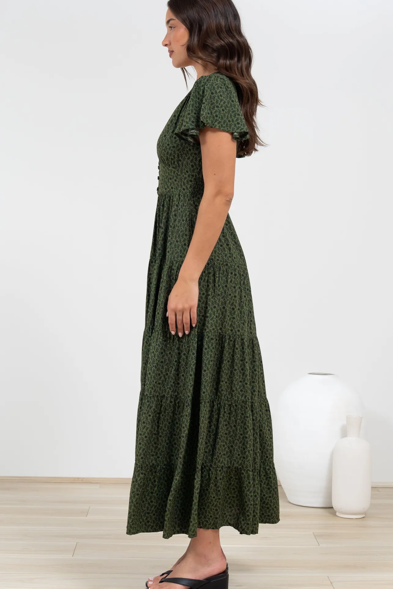 Selena Maxi Dress - Tiered A-Line Dress with Flutter Cap Sleeves in Borah Print Green>Salty Crush Clearance