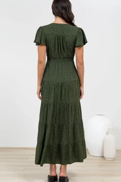 Selena Maxi Dress - Tiered A-Line Dress with Flutter Cap Sleeves in Borah Print Green><noscript><img width=