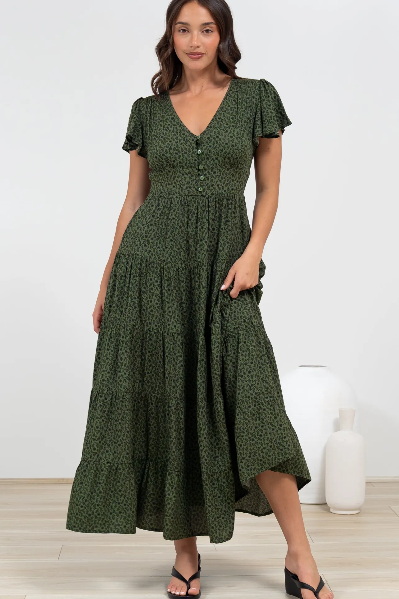 Selena Maxi Dress - Tiered A-Line Dress with Flutter Cap Sleeves in Borah Print Green>Salty Crush Clearance