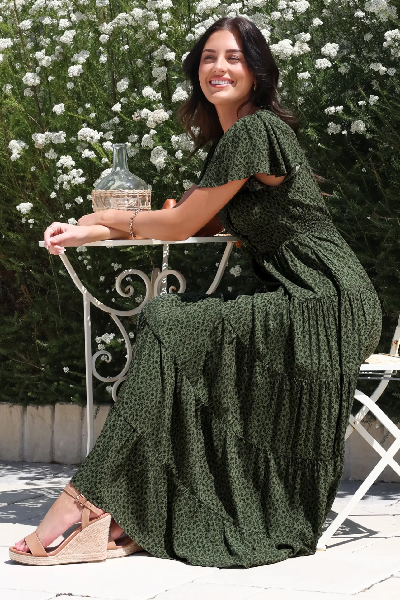Selena Maxi Dress - Tiered A-Line Dress with Flutter Cap Sleeves in Borah Print Green>Salty Crush Clearance