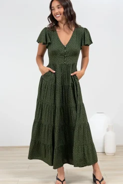 Selena Maxi Dress - Tiered A-Line Dress with Flutter Cap Sleeves in Borah Print Green><noscript><img width=