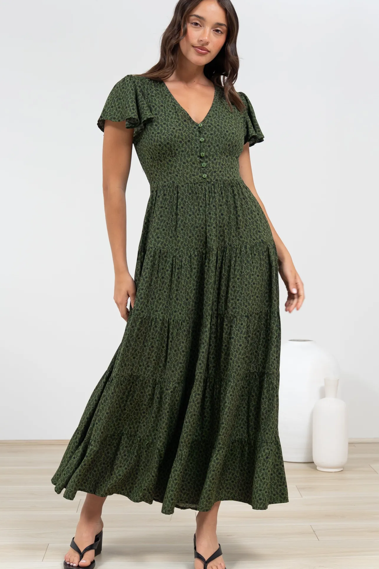 Selena Maxi Dress - Tiered A-Line Dress with Flutter Cap Sleeves in Borah Print Green>Salty Crush Clearance