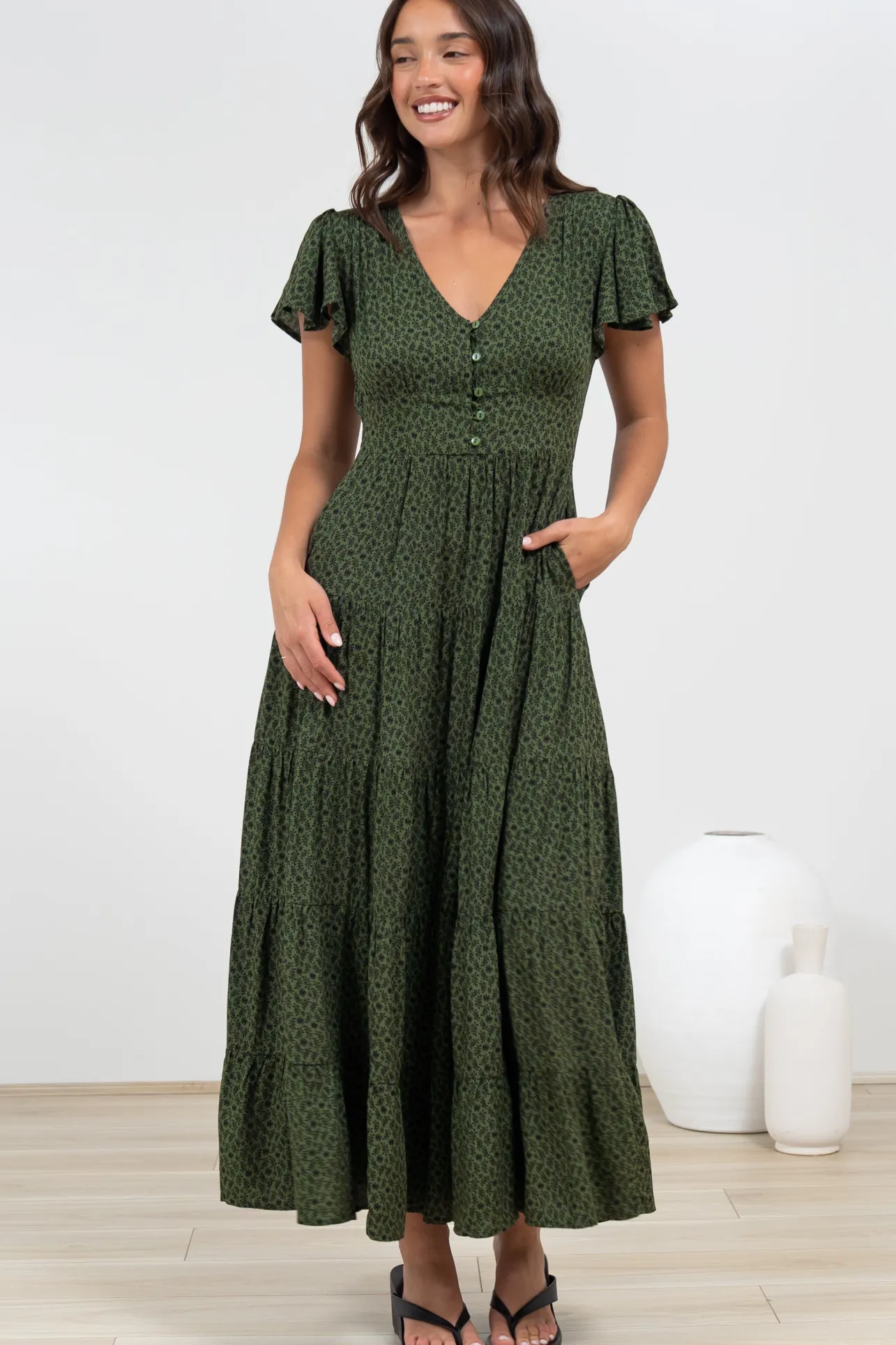 Selena Maxi Dress - Tiered A-Line Dress with Flutter Cap Sleeves in Borah Print Green>Salty Crush Clearance
