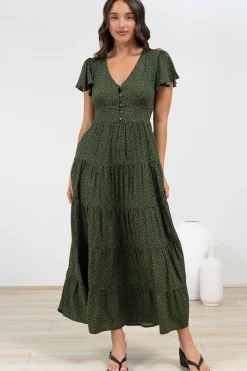 Selena Maxi Dress - Tiered A-Line Dress with Flutter Cap Sleeves in Borah Print Green><noscript><img width=