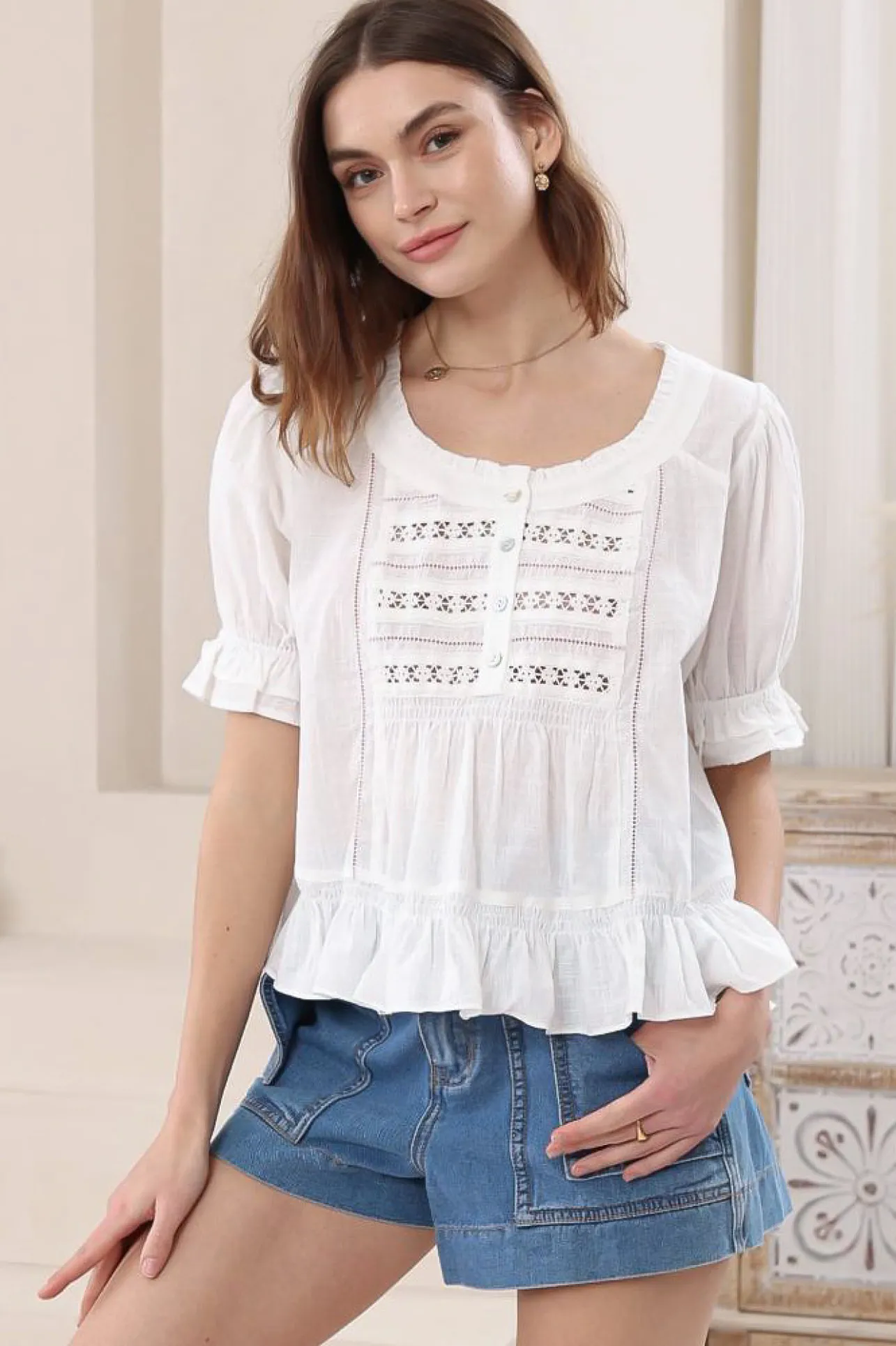 Selma Top - Round Neck Lace Detailed Pull Over Top in White>Salty Crush Discount