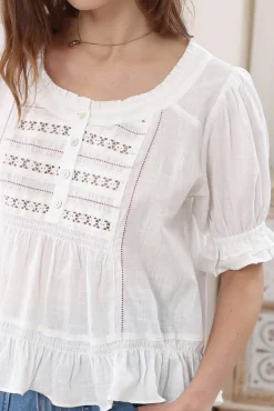 Selma Top - Round Neck Lace Detailed Pull Over Top in White>Salty Crush Discount