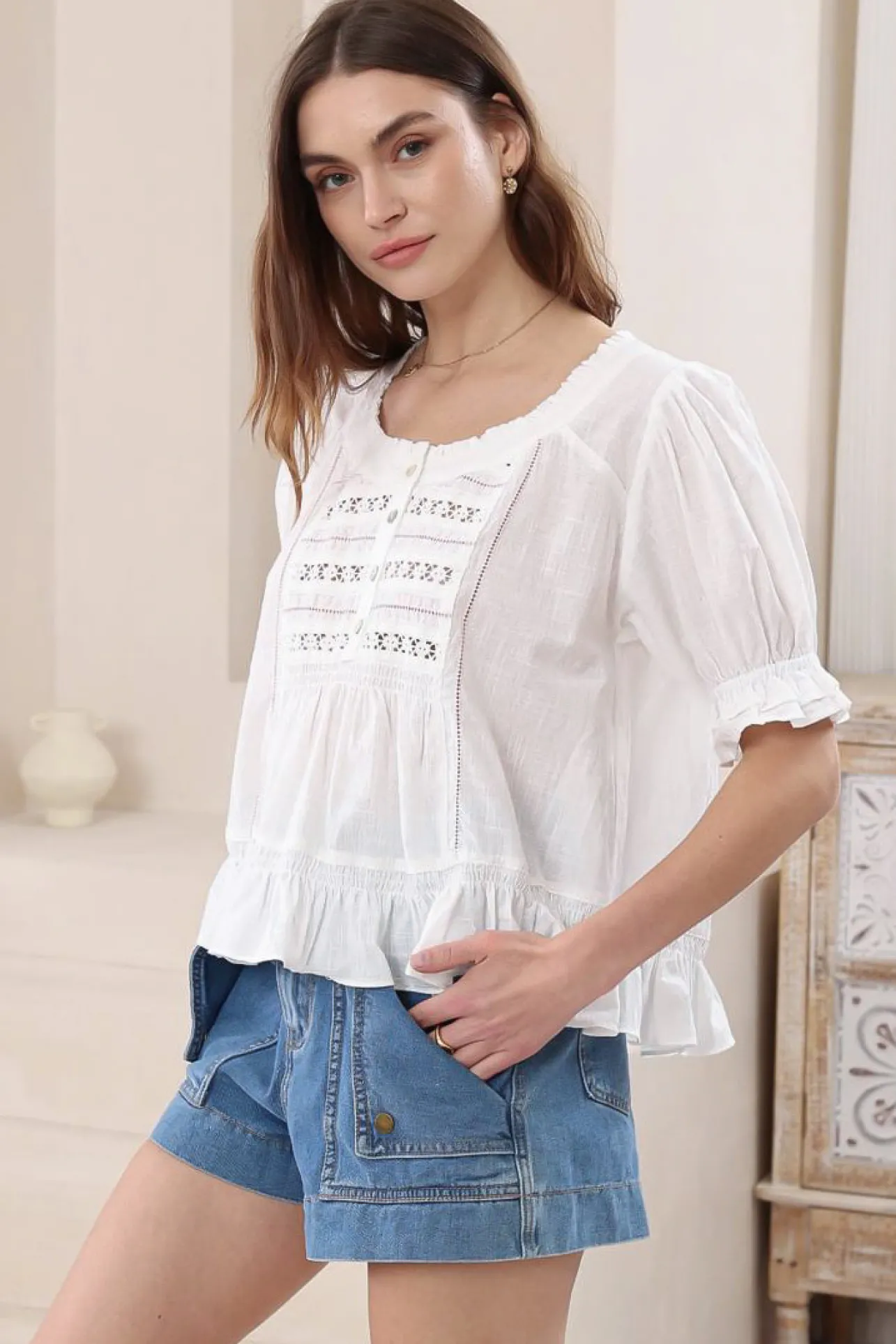 Selma Top - Round Neck Lace Detailed Pull Over Top in White>Salty Crush Discount