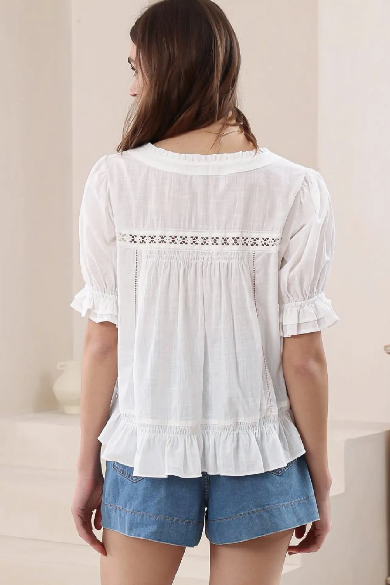 Selma Top - Round Neck Lace Detailed Pull Over Top in White>Salty Crush Discount