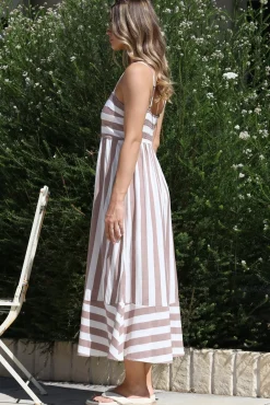 Sennia Midi Dress - Adjustable Spaghetti Strap Sun Dress in Gaubi Print Beige><noscript><img width=