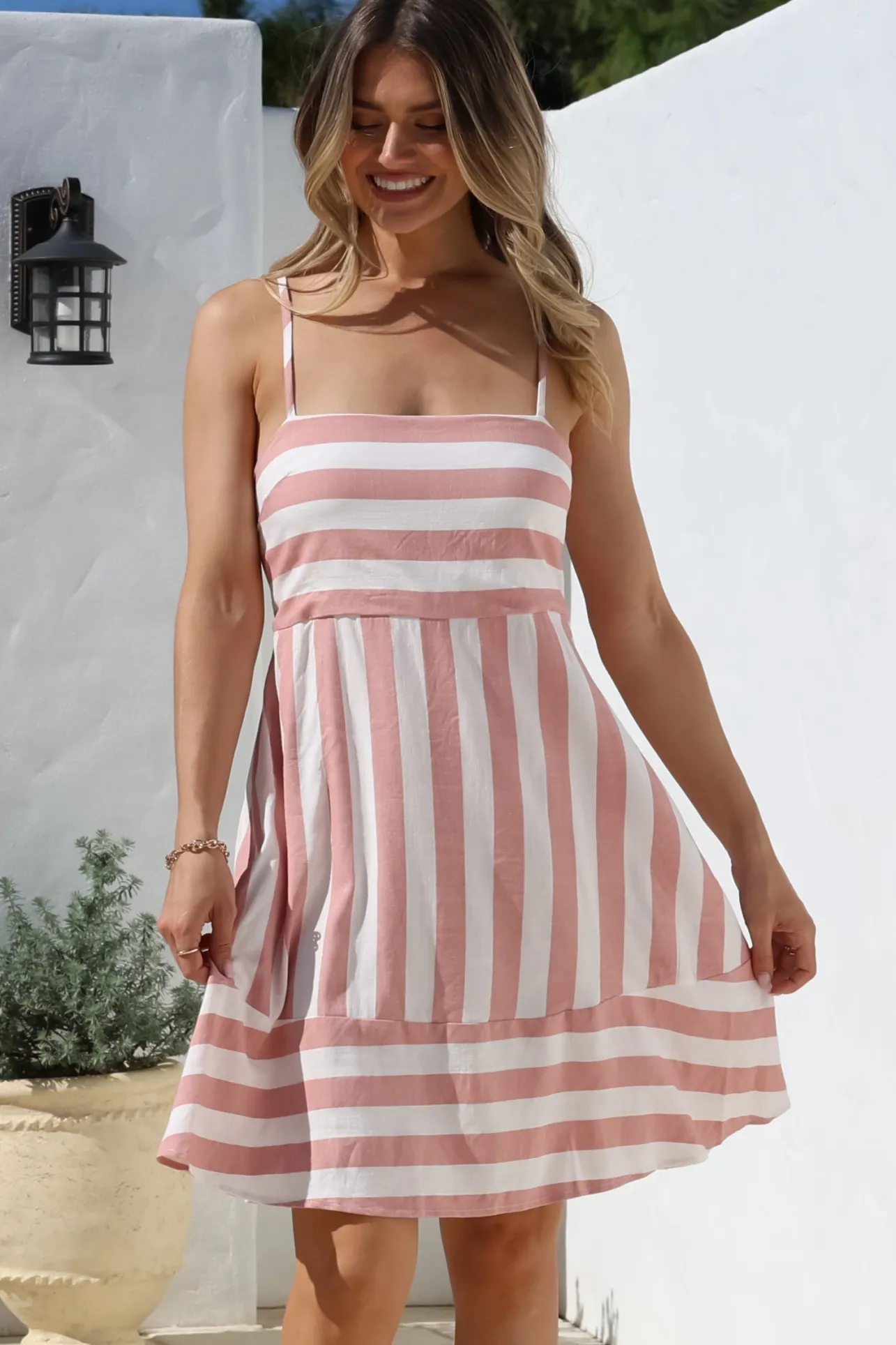 Sennia Mini Dress - Adjustable Spaghetti Strap Sun Dress in Gaubi Print Pink>Salty Crush Outlet