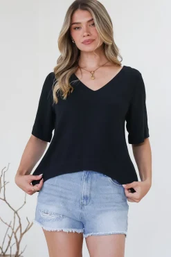 Shandy Top - V-Neck Boxy High Low Top with Short Sleeves in Black><noscript><img width=