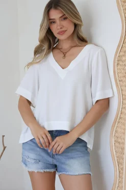 Shandy Top - V-Neck Boxy High Low Top with Short Sleeves in White>Salty Crush Discount