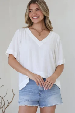 Shandy Top - V-Neck Boxy High Low Top with Short Sleeves in White><noscript><img width=