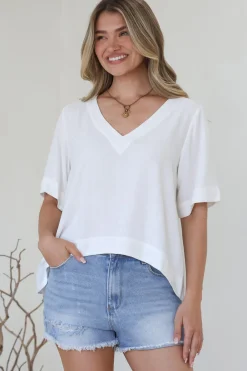 Shandy Top - V-Neck Boxy High Low Top with Short Sleeves in White><noscript><img width=