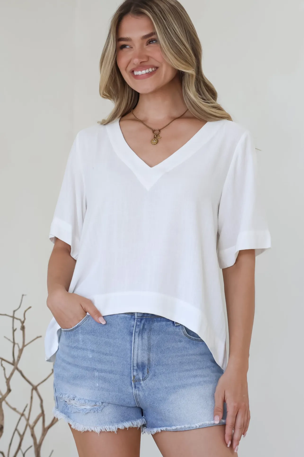 Shandy Top - V-Neck Boxy High Low Top with Short Sleeves in White>Salty Crush Discount