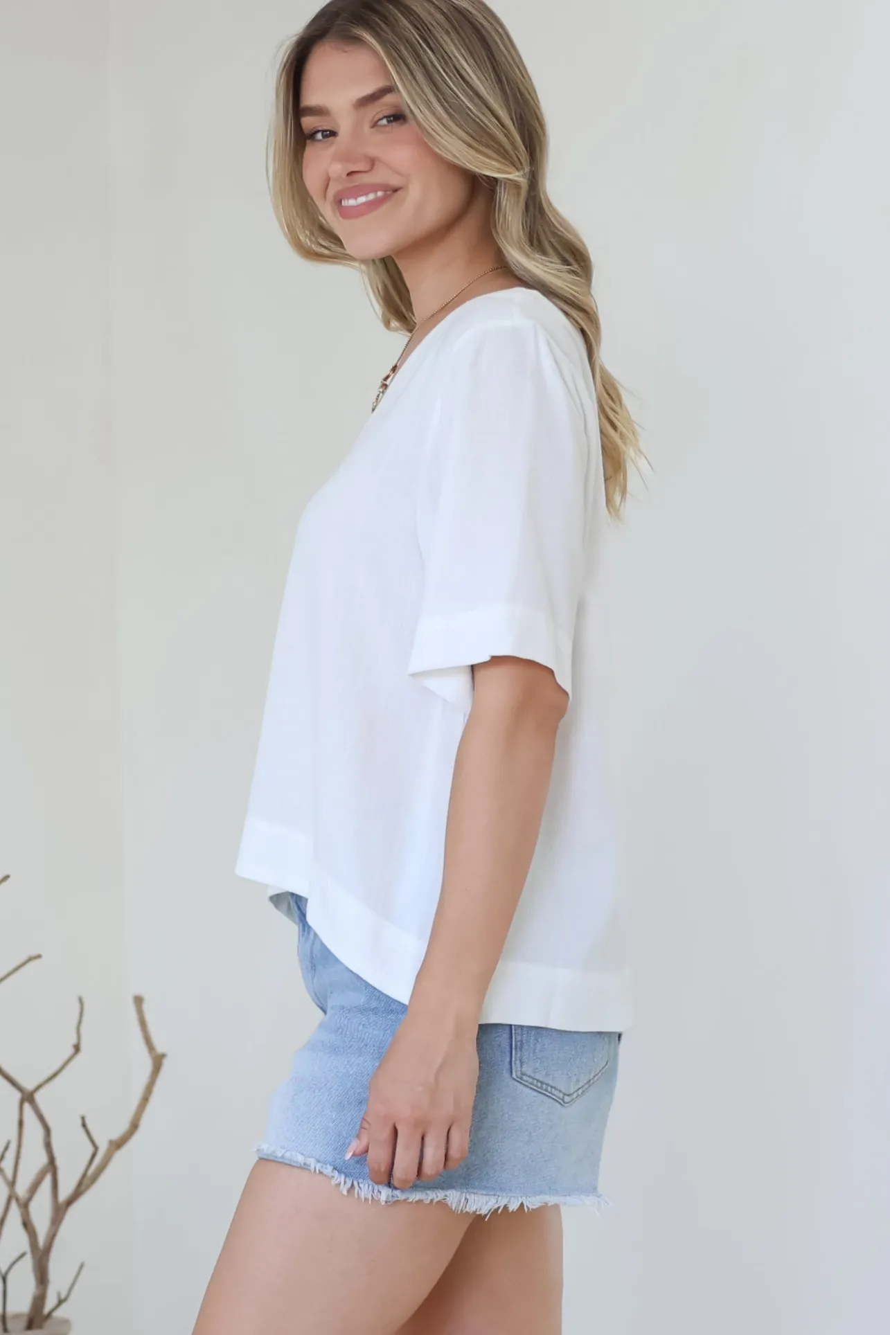Shandy Top - V-Neck Boxy High Low Top with Short Sleeves in White>Salty Crush Discount