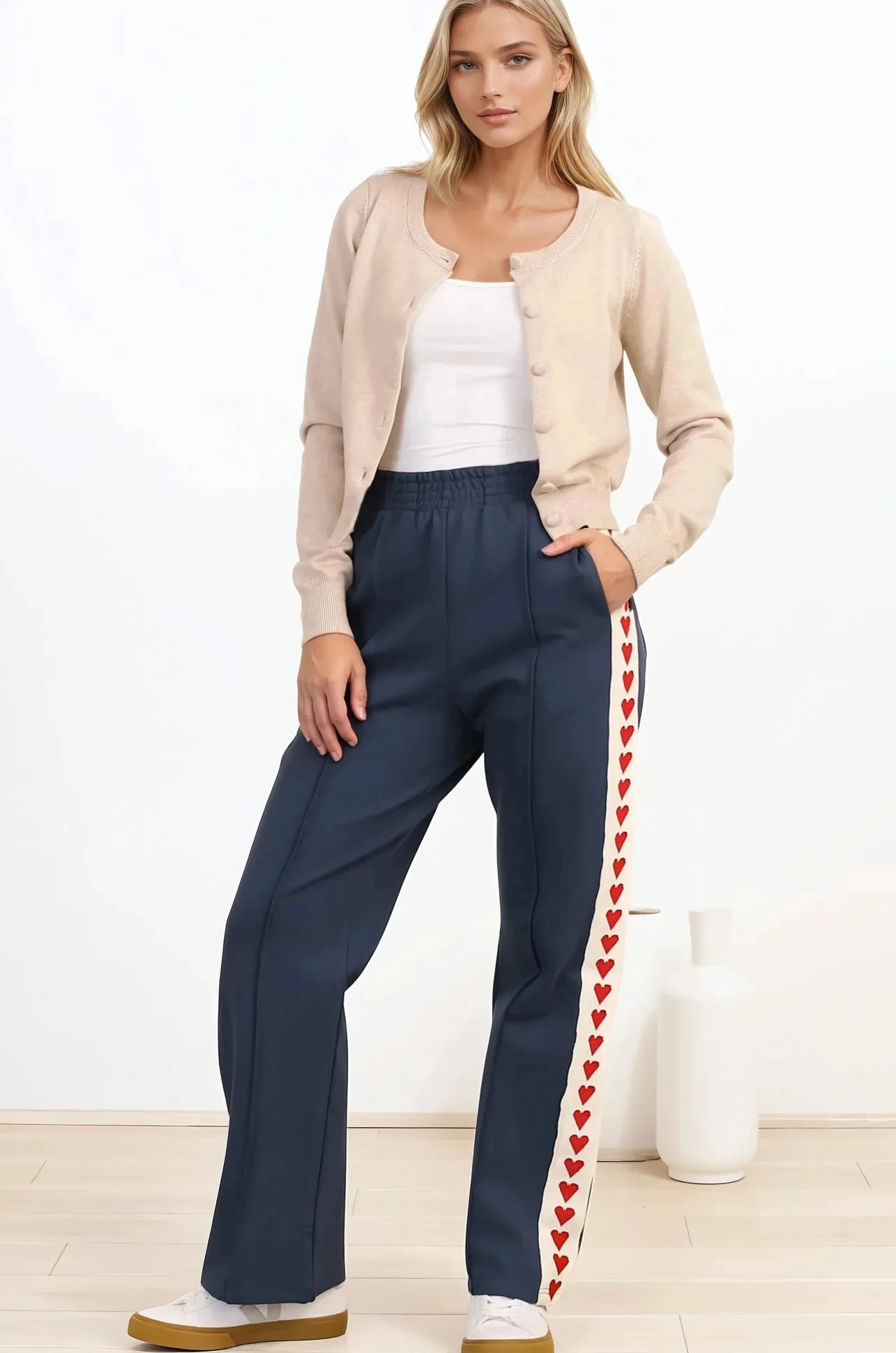 Shanty Pants - High Waisted Straight Leg Pants with Heart Side Strip in Blue>Salty Crush Clearance