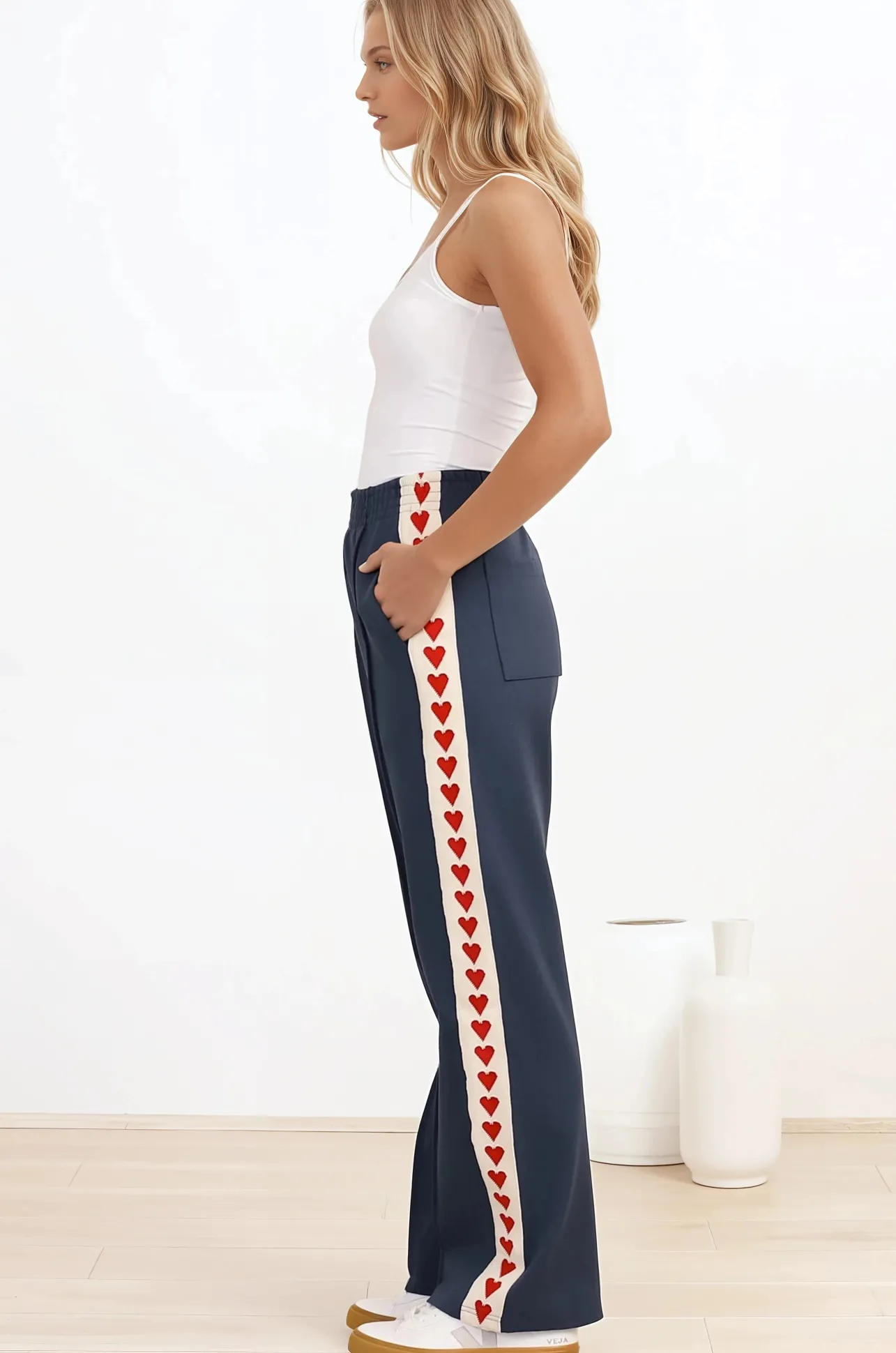 Shanty Pants - High Waisted Straight Leg Pants with Heart Side Strip in Blue>Salty Crush Clearance