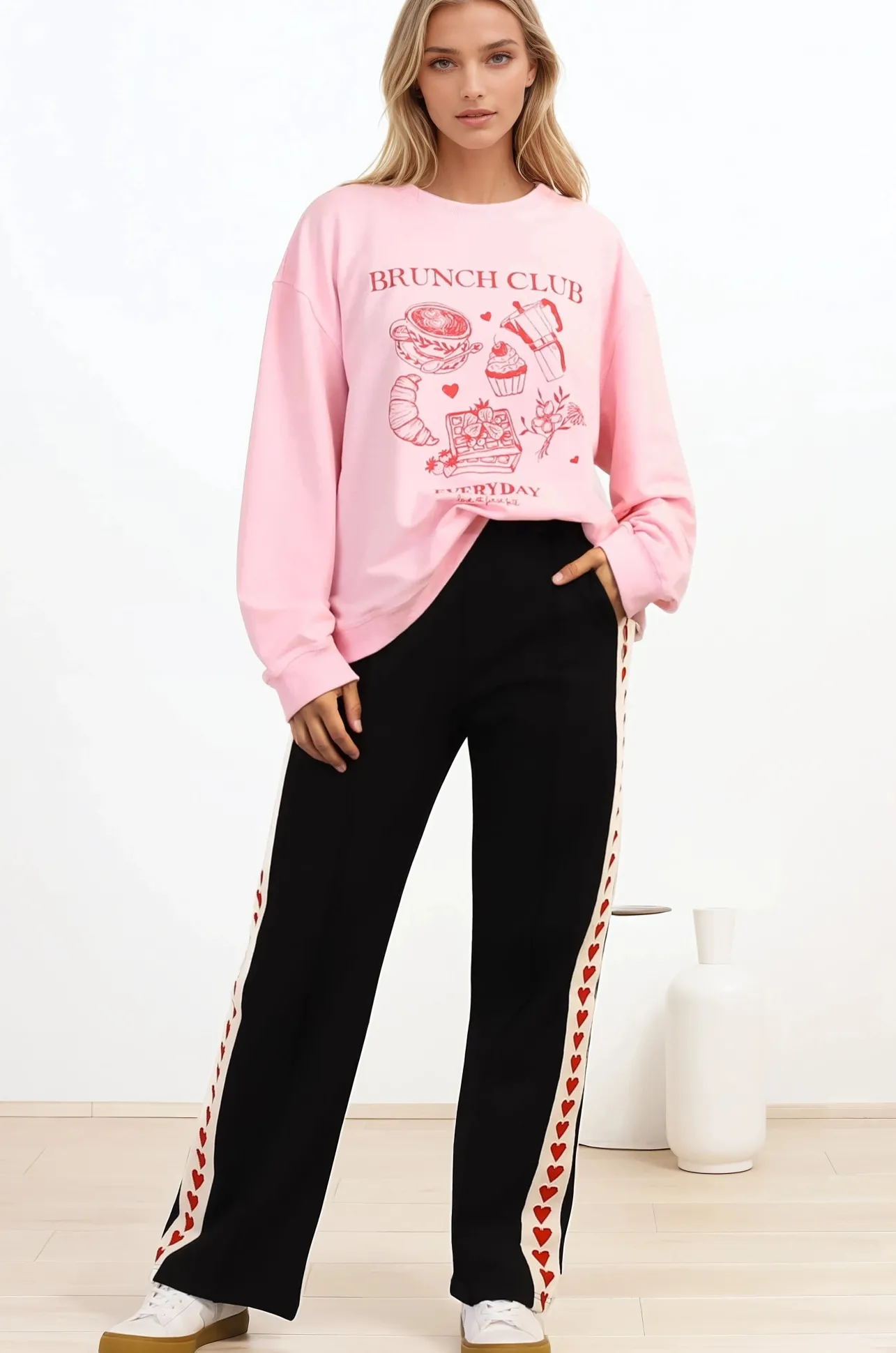 Shanty Pants - High Waisted Straight Leg Pants with Heart Side Strip in Black>Salty Crush Best