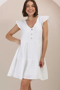 Sharie Mini Dress - Sweet Tiered Cap Sleeve Dress with Pockets in White>Salty Crush Discount