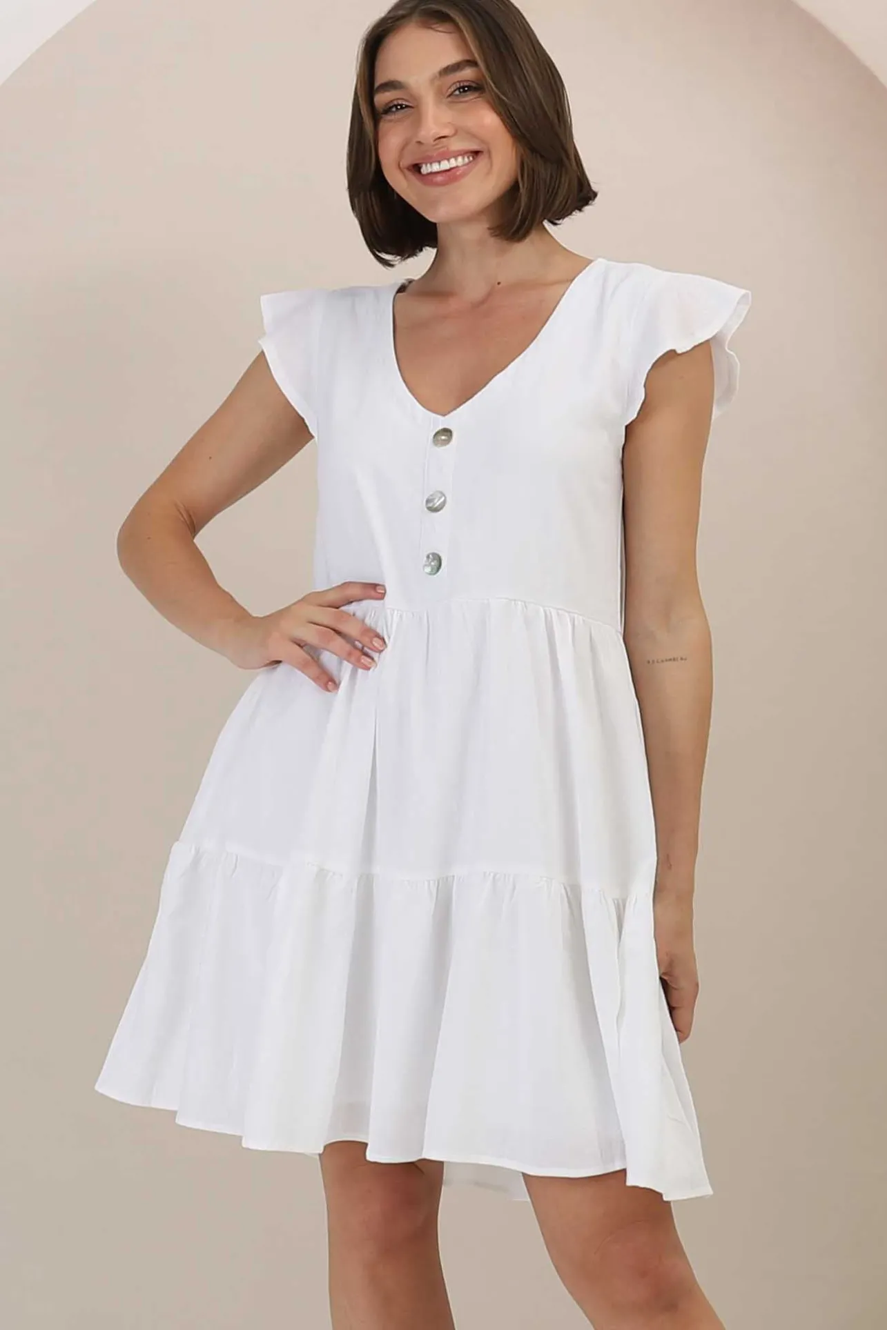 Sharie Mini Dress - Sweet Tiered Cap Sleeve Dress with Pockets in White>Salty Crush Discount