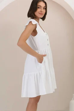Sharie Mini Dress - Sweet Tiered Cap Sleeve Dress with Pockets in White><noscript><img width=