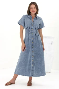 Sharlan Midi Dress - A-Line Button Detailed Denim Dress in Mid Denim Wash>Salty Crush New