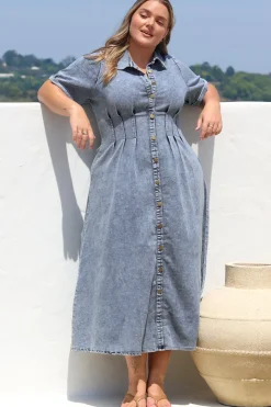 Sharlan Midi Dress - A-Line Button Detailed Denim Dress in Mid Denim Wash><noscript><img width=
